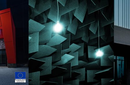 Three images of University of Salford facilities: external image of the entrance to Energy House 2.0; an internal image of the Acoustic Anechoic Chamber; and, an external image of NERIC