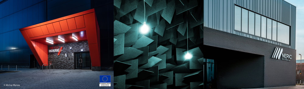 Three small images of University of Salford facilities: external image of the entrance to Energy House 2.0; an internal image of the Acoustic Anechoic Chamber; and, an external image of NERIC